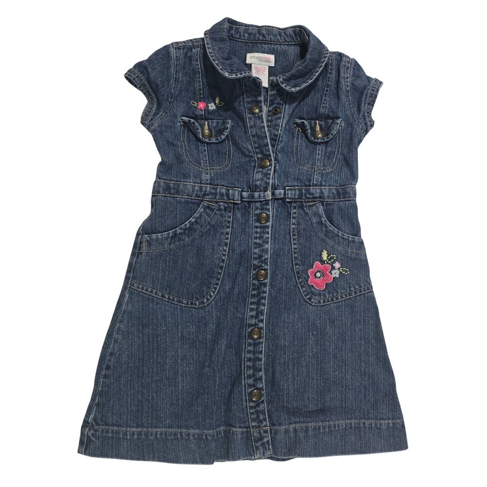 Genuine Kids OshKosh Girls 5Tβ Blue Denim Floral Embroidered Button Front Dress